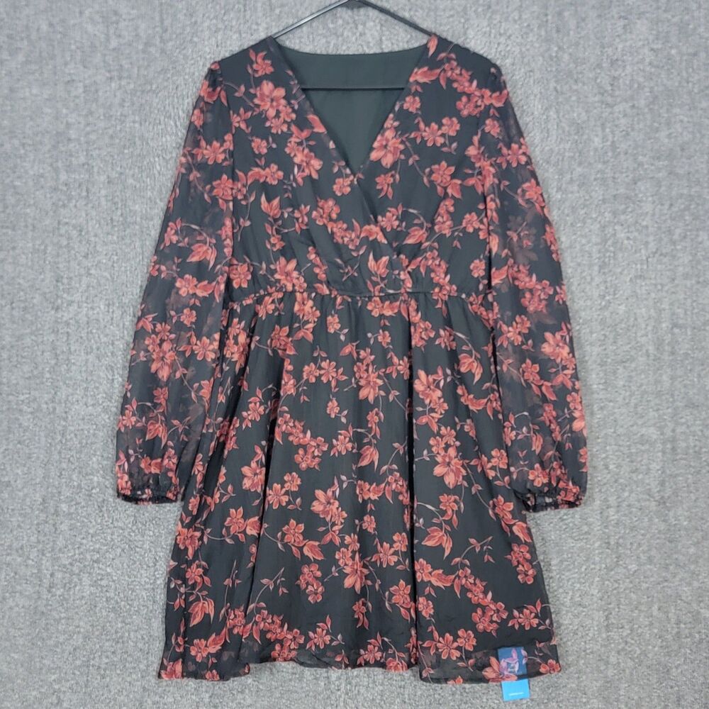 Cupshe Dress Womens Large Black Floral Chiffon V Neck Romantic Cottagecore